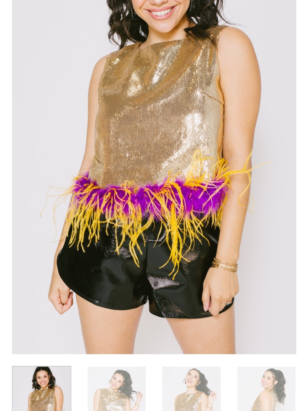 Comely Queen Of Sparkles: Sequin Feather Tank Gold Game Day Mardi Gras size L - Picture 3 of 9